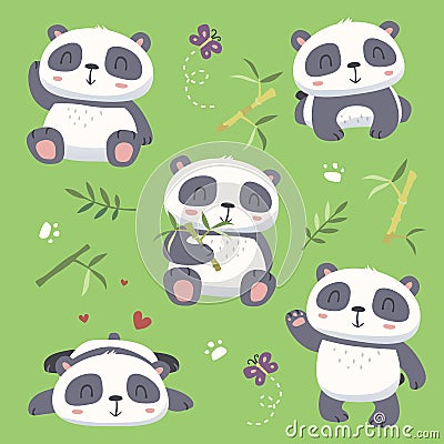 Cartoon style cute panda set Vector Illustration