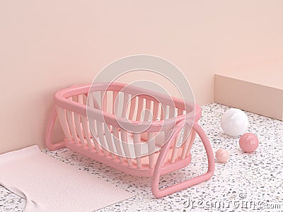 Cartoon style 3d rendering marble floor pink wall baby cradle Stock Photo