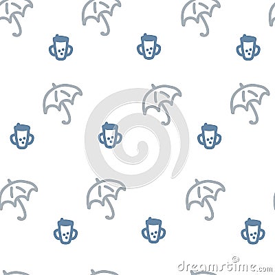 Cartoon style doodle seamless pattern umbrellas and baby mugs. Cartoon Illustration