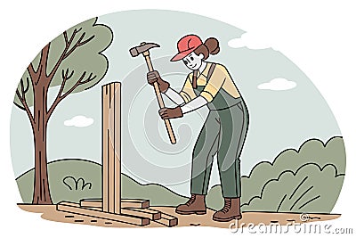 Cartoon style drawing of a worker using a post driver tool for installing fence posts in an agricultural setting Vector Illustration