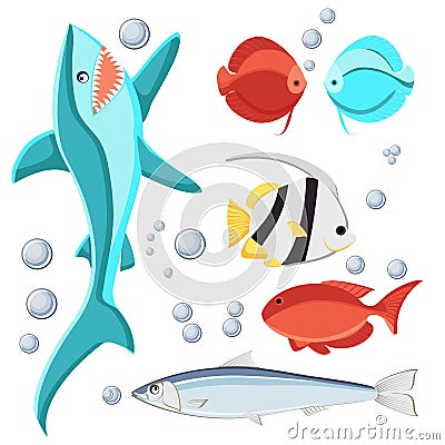 Cartoon style fish and water bubbles. Shark, sardine, discus, zebrasoma, butterfly fish, Isolated on white background. Vector Illustration