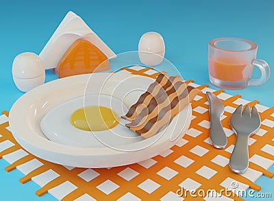 cartoon style food illustration. Breakfast items 3d render. Cartoon Illustration