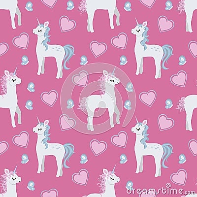 Cartoon style graphic illustration seamless pattern with cute cartoon style unicorns, hearts and butterflies on pink background Cartoon Illustration