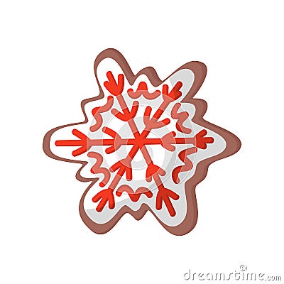 Flat vector icon of delicious gingerbread in shape of snowflake. Tasty Christmas cookie decorated with colored icing Vector Illustration