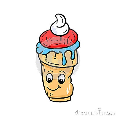 Cartoon style icon of ice cream, happy mood emoticon, graffiti art vector design Vector Illustration