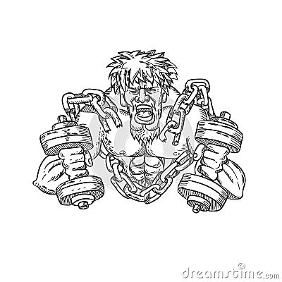 Buffed Athlete Dumbbells Breaking Free From Chains Drawing Vector Illustration
