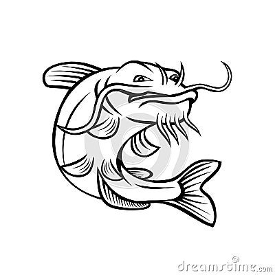 Channel Catfish Ictalurus Punctatus or Channel Cat Jumping Up Cartoon Black and White Vector Illustration