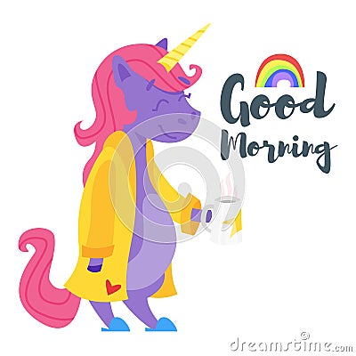 Cartoon style illustration of happy unicorn drinking tea in the morning. Vector Illustration