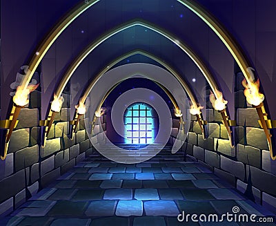 Vector cartoon style illustration. Old medieval castle dungeon hall with flame light torches and spooky caged door. Vector Illustration