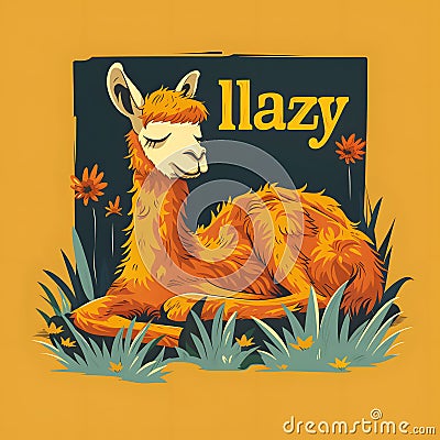 Cartoon-style illustration with a tired llama lying on the grass and an inscription with a play on the words 