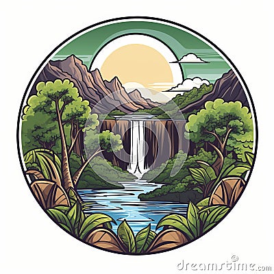 Cartoon Style Logo With Jungle And Waterfall: Medium Format Lens, Traditional Landscapes Stock Photo