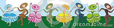 Cartoon-style pastoral ornament with dancing shepherdesses Vector Illustration