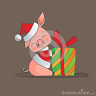 Cartoon style pig wearing Santas hat smiling sitting with christmas gift Vector Illustration