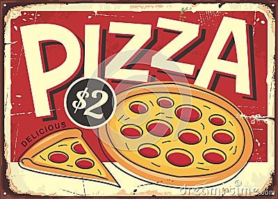 Cartoon style pizzeria sign with pepperoni pizza and pizza slice Vector Illustration