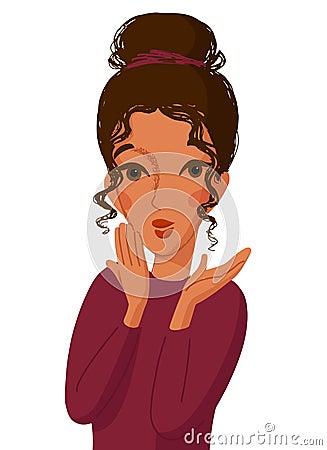 Cartoon style portrait, amazed cute woman with hands in front of mouth Vector Illustration