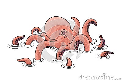 Cartoon style red octopus character Vector Illustration