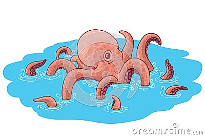 Octopus doing bubbles and ripples in water. Cartoon style character. Vector Illustration