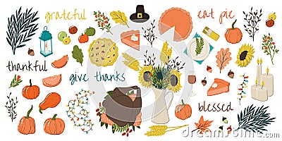 Cartoon style Thanksgiving traditional hand drawn symbols. Turkey, apple pie, pumpkin pie, jag with sunflowers, bulb garland etc Stock Photo