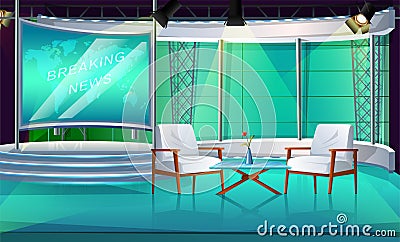 Cartoon style TV show studio with two chairs and table, interior stage, with two chair and news screen Vector Illustration