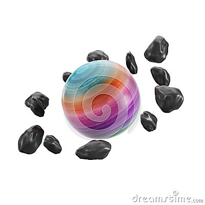 Cartoon styled fantasy planet with stripes and asteroids belt isolated on white background Stock Photo