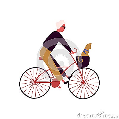 Cartoon stylish male riding on bike with cat sitting in basket vector flat illustration. Trendy man on bicycle with pet Vector Illustration