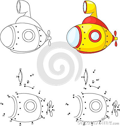 Cartoon submarine. Coloring book and dot to dot game for kids Vector Illustration