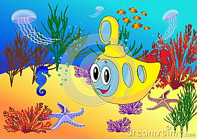 Cartoon submarine in the ocean Vector Illustration