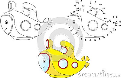 Cartoon submarine. Vector illustration. Coloring and dot to dot Vector Illustration