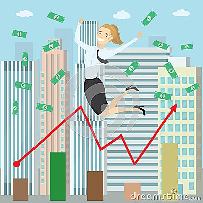 Cartoon Successful business woman jumping for joy Vector Illustration