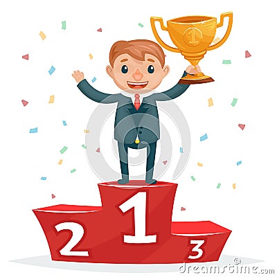 Cartoon successful smiling business man with golden award on winners podium Vector Illustration