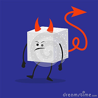 Cartoon sugar cube devil get angry. The concept of a character unhealthy and nutritional. Sweet food harms and threatens human Vector Illustration