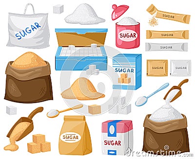 Cartoon sugar. Cube sugar, granulated and crystalline sugar, sugar in canvas bags and carton packages vector Vector Illustration