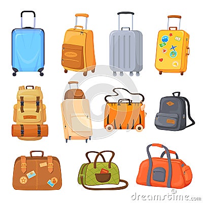 Cartoon suitcase wheels and bags. Tourist trip package, travel luggage types handle backpack plastic trolley knapsack Vector Illustration