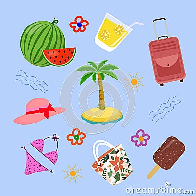 Cartoon summer elements, travel, summer accessory. Vector Illustration