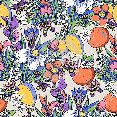 Cartoon summer flowers with fruit seamless pattern, bold modern floral texture Stock Photo
