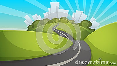 Cartoon summer landscape. City, hill, road illustration. Vector Illustration