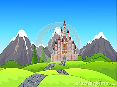 Cartoon Summer landscape with green grass, road and castle Vector Illustration