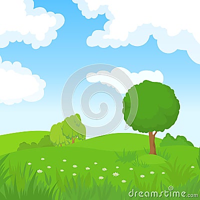 Cartoon summer landscape with green trees and white clouds in blue sky. Forest park panoramic vector background Vector Illustration