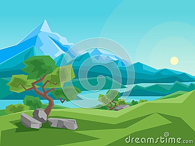 Cartoon Summer Mountain and River on a Landscape Background. Vector Vector Illustration