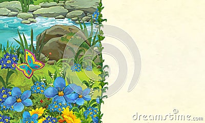 Cartoon summer scene with beautiful rabbit and flying butterfly near the stream - illustration for children Cartoon Illustration