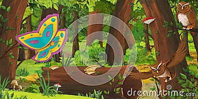 Cartoon summer scene with deep forest and bird owl and butterfly - nobody on scene Cartoon Illustration