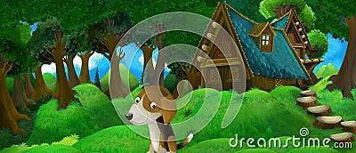 Cartoon summer scene with farm house in the forest with happy dog Cartoon Illustration