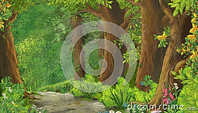 Cartoon summer scene with meadow in the forest Cartoon Illustration