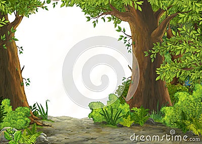 Cartoon summer scene with meadow in the forest with white background Cartoon Illustration