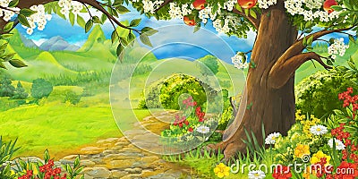 Cartoon summer scene with path in the forest or garden - nobody on scene Cartoon Illustration