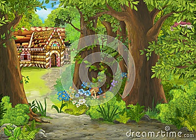 Cartoon summer scene with path in the forest to some house made out of sweets - nobody on scene - illustration for children Stock Photo