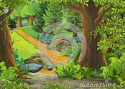 Cartoon summer scene with path to the farm village - nobody on the scene - illustration for children Cartoon Illustration