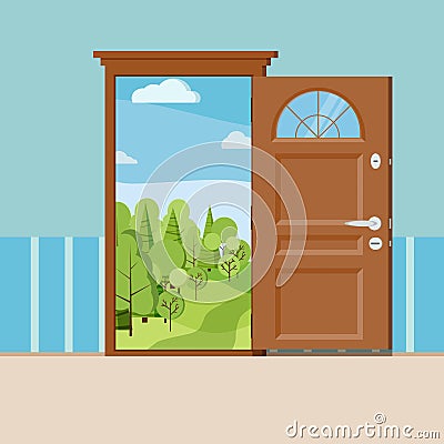 Cartoon summer or spring forest landscape wood door view Vector Illustration