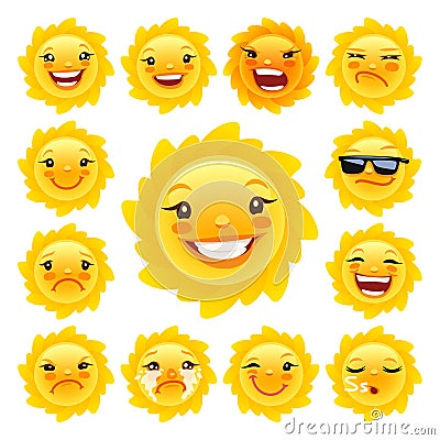 Cartoon Sun Character Emoticons Set Vector Illustration