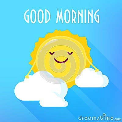 Cartoon sun in clouds smiles. Good Morning card. Flat style. Vector illustration Vector Illustration